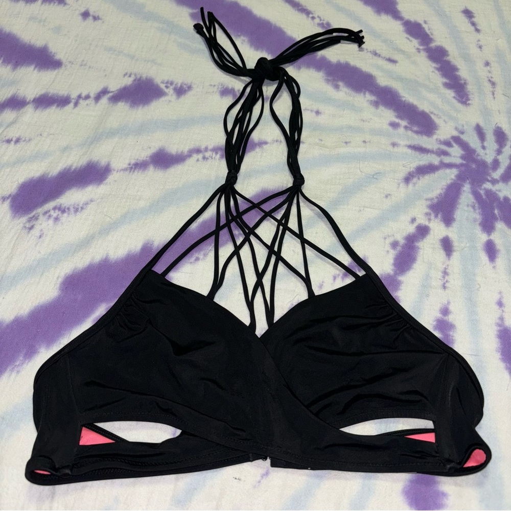 PINK by  Victoria’s Secret Faux Wrap Front Bikini Top Black Size Large